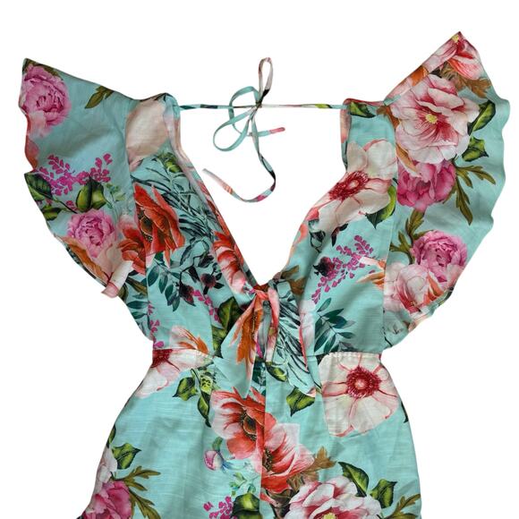 Tropical Floral Print Plunge Neck Romper Medium Flutter Ruffle Summer Resortwear - Picture 8 of 16